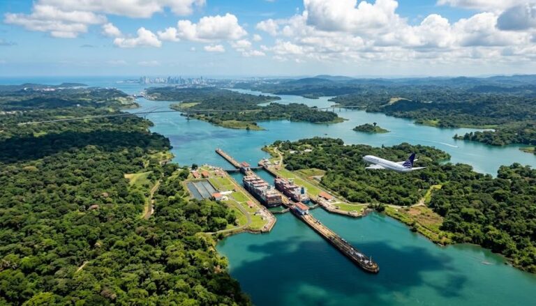 Historias del Canal - Vista aérea do Canal do Panamá e suas eclusas